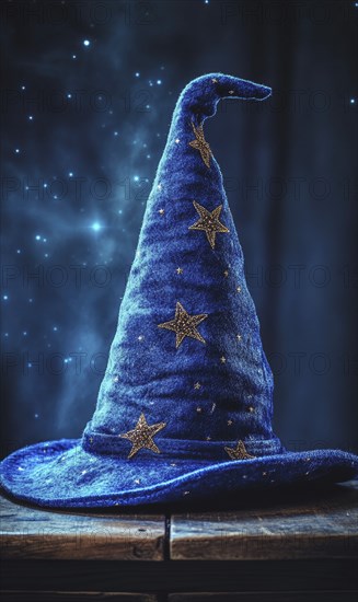A dark blue wizard hat, embroidered with stars AI generated