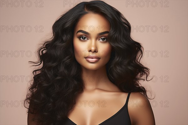 Attractive black woman with long wavy hair. KI generiert, generiert AI generated