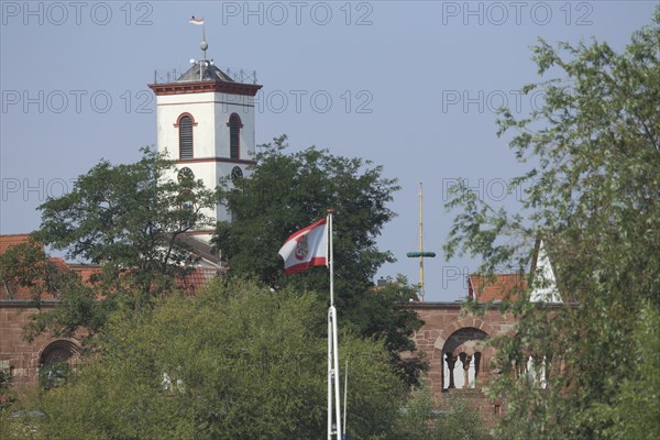Tower of the classicist town hall, Seligenstadt, Main, Hesse, Germany, Europe