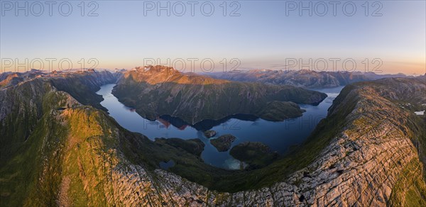 View from Seiskallåfjellet into Nordfjorden and Melfjorden, Svartisen Glacier in the background,