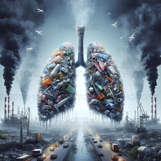 Air Pollution city and people suffers lung disease. Industrial pollution. Industrial smoke. Plastic