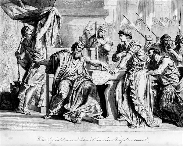 David commands his son Solomon to build the temple, son, crowd, king, table, sitting, drawing,