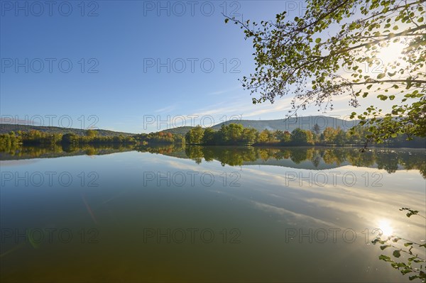 Lake, reflection, sky, clouds, sunrise, autumn, Freudenberg, Odenwald, Baden-Württemberg, Germany,