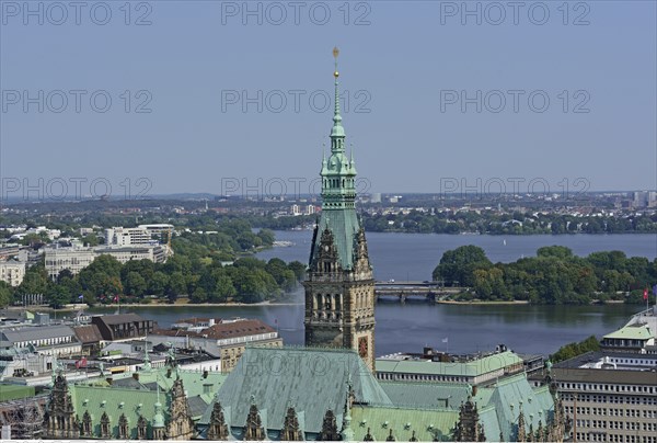 Europe, Germany, Hamburg, City, View from above of City Hall, Inner and Outer Alster Lake, Hamburg,