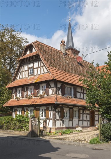 Half-timbered house in Hunspach, Most beautiful village in France 2020, Northern Alsace, Bas-Rhin,