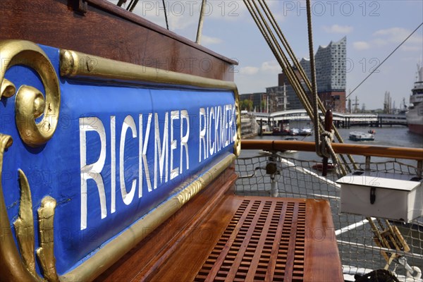 Europe, Germany, Hamburg, Elbe, Museum ship, Windjammer Rickmer Rickmers, View above deck, Name