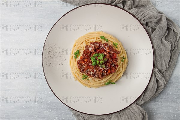 Spaghetti Bolognese, top view, close-up, no people, homemade