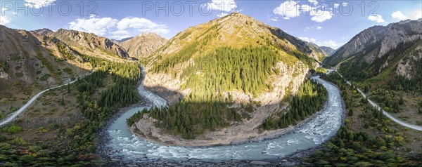Mountain landscape with river in a narrow mountain valley in autumn, Little Naryn or Kichi-Naryn,