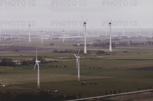 Aerial view of wind turbines, taken near Wischhafen, 25/03/2024