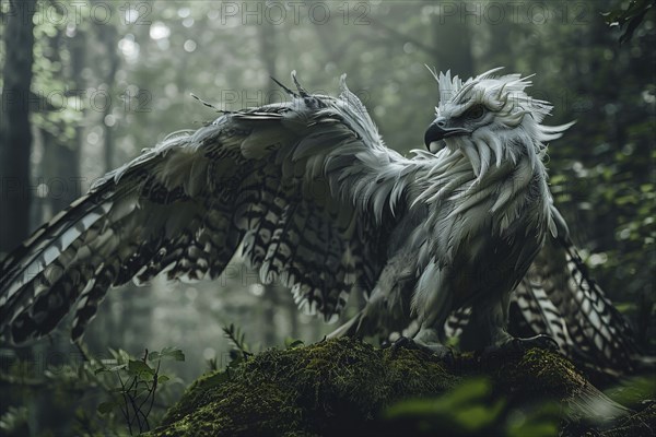 White griffin bird in forest. Generative Ai, AI generated