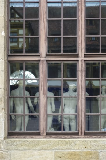 From behind sculptures, male figures, cast collection in the window from the outside, plaster
