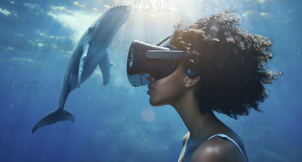 Woman wearing VR headset is looking at a whale in the ocean. Concept of virtual reality and gaming,