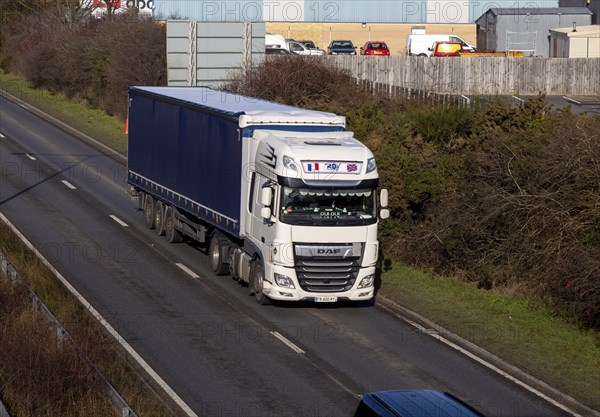 DAF heavy goods vehicle lorry on A12, Martlesham, Suffolk, England, UK