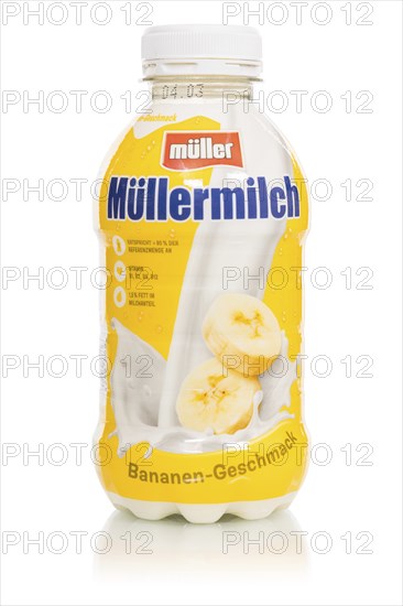 Müllermilch banana flavour in the bottle of the company Theo Müller cropped in front of a white