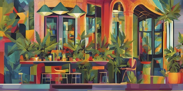 Abstract composition of a cannabis cafe with ambiance bold contrasting colors and playful shapes,