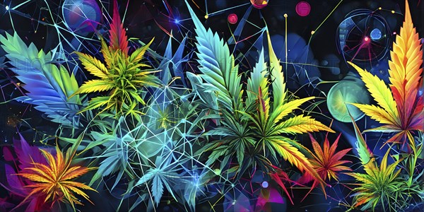 Abstract painting of chemical structure of thc and cbd interlocking geometric shapes, AI generated