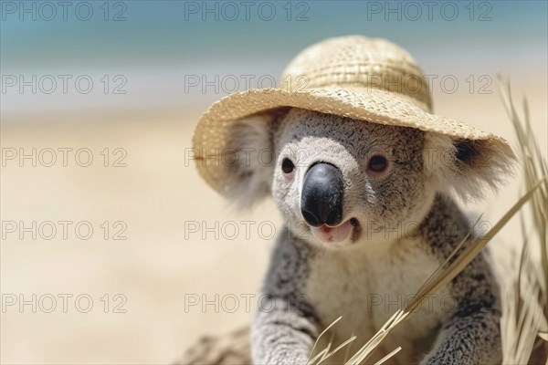 Koala bear with summer straw hat at beach. KI generiert, generiert AI generated