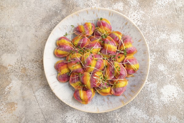 Rainbow colored dumplings with pepper, herbs, microgreen on brown concrete background. Top view,