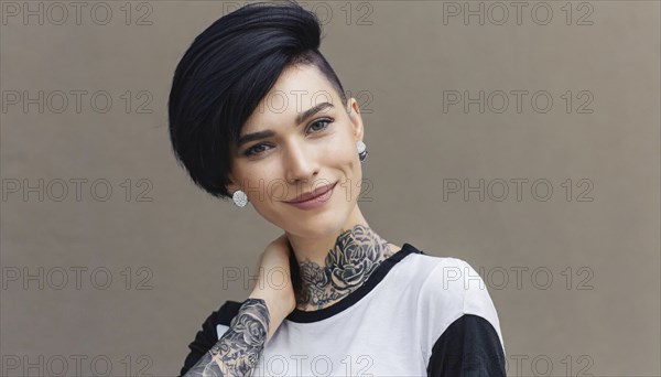 A smiling woman with a modern short hairstyle and eye-catching tattoos in stylish black and white