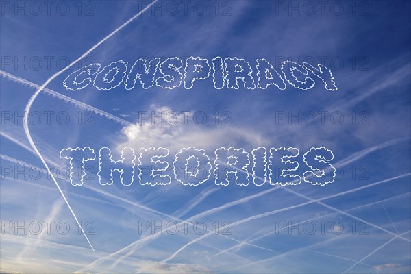Symbolic image Conspiracy Theories : Sky with contrails with the words Conspiracy Theories