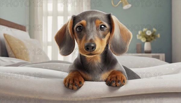 Dachshund (Canis lupus familiaris), cute puppy lying on bed in bedroom, dog breed, animal child, AI