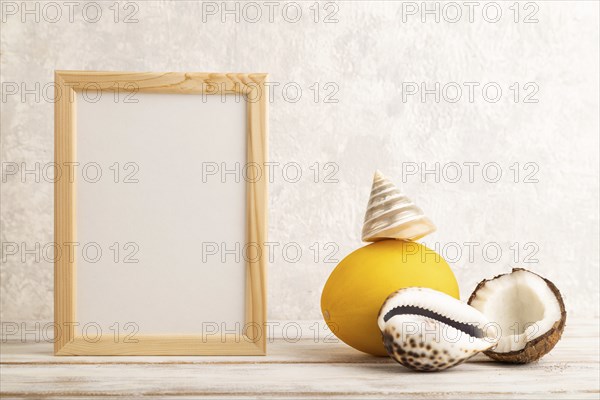 Wooden frame with melon, coconut, seashells on gray concrete background. Side view, copy space.