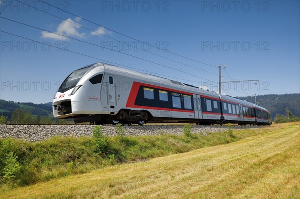 Train travelling along the Rothenthurm high moor, Canton Schwyz, Switzerland, Europe