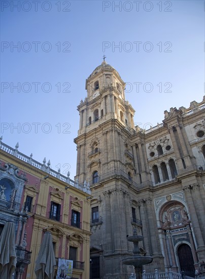 Bell tower Baroque architecture exterior of the cathedral church of Malaga city, Spain, Santa