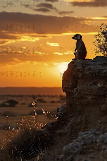 Meerkat silhouetted against the setting sun standing atop a termite mound in the kalahar desert, AI