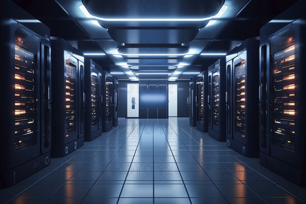 A modern data center with rows of server racks, high technology, artificial intelligence AI and