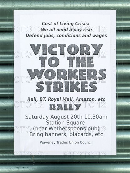 Waveney Trades Union Council poster supporting workers strikes, Lowestoft, Suffolk, England, UK -m