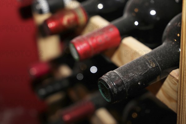 Wine cellar with red wine bottles