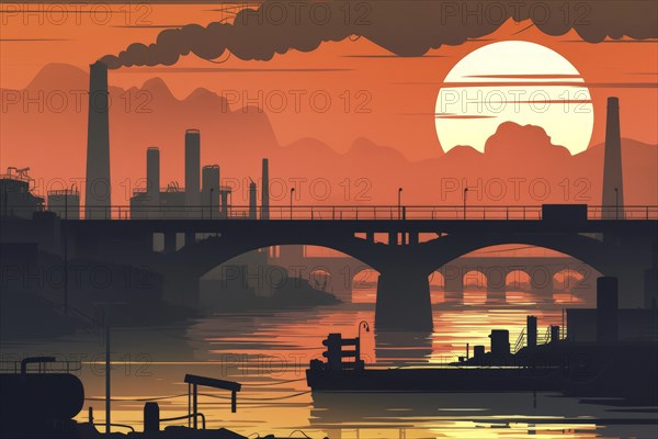 Illustration, graphic of an industrial landscape with bridges over a river, smoking chimneys at