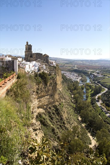 Cliff top buildings church of San Pedro, village of Arcos de la Frontera, Cadiz province, Spain,