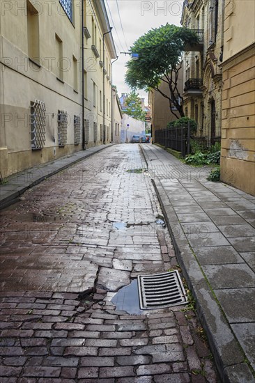 Old street of the historic center of Vilnius after rain