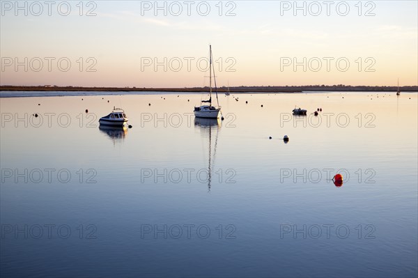 Boats at moorings at sunset on the River Deben, Ramsholt, Suffolk, England, United Kingdom, Europe
