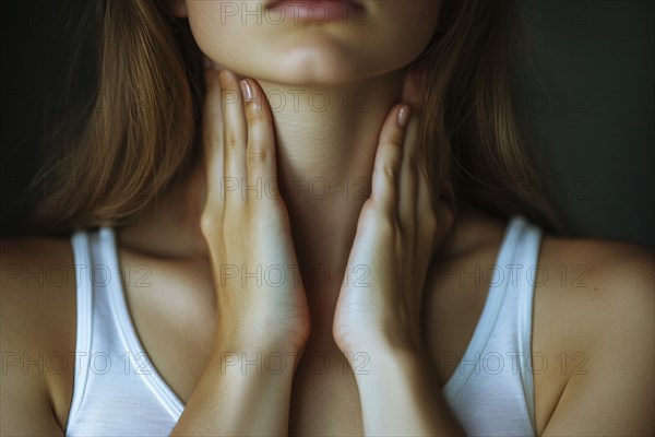Close up of woman holding hands to throat. Generative AI, AI generated