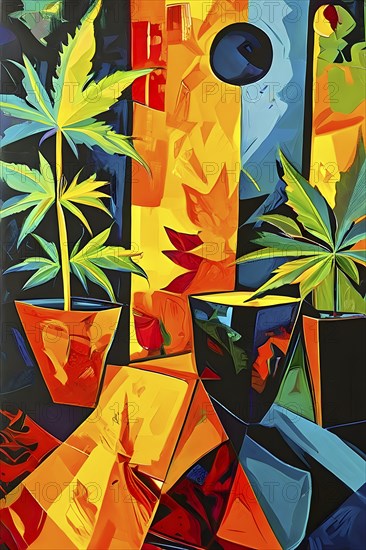 Abstract composition of a cannabis cafe with ambiance bold contrasting colors and playful shapes,