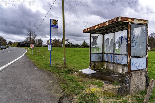 Old, dilapidated bus shelter on a country road, B 483, near Radevormwalde Landwehr, bus route 339,