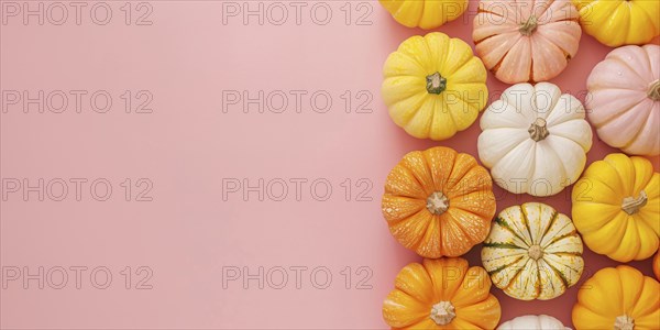 Banner with oange, pink and white pumpkins on side of pastel pink background with copy space.