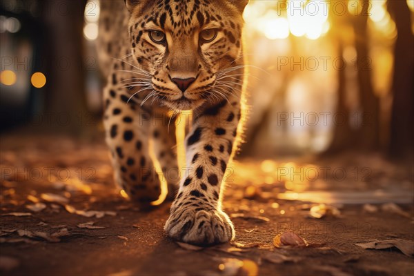 Baby leopard walking with confidence during the golden hour, showcasing its spotted fur and