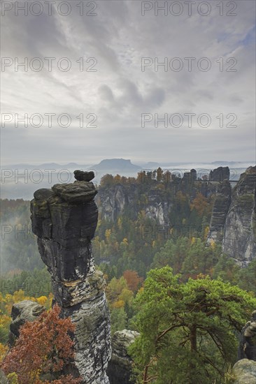 View over the rock tower Wehlnadel and the valley Wehlgrund in autumn, Saxon Switzerland,