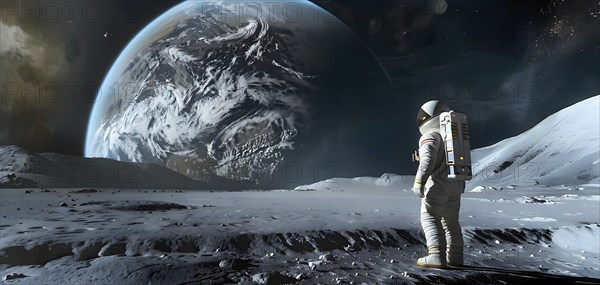 An astronaut stands on a lunar-like surface gazing at an immense planet rising, AI generated