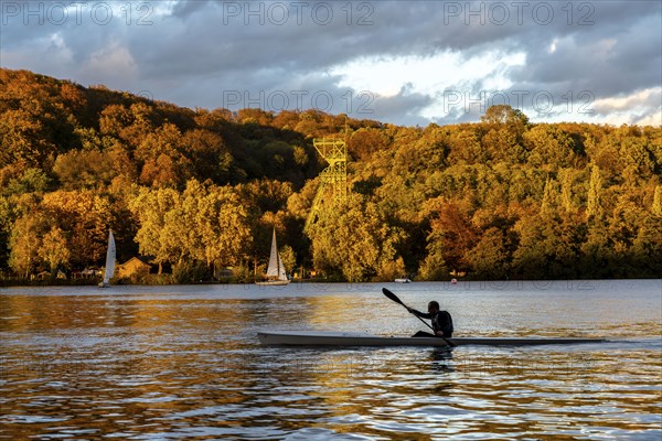 Lake Baldeney, a reservoir of the Ruhr, in Essen, autumn, sailing boats, headframe of the former