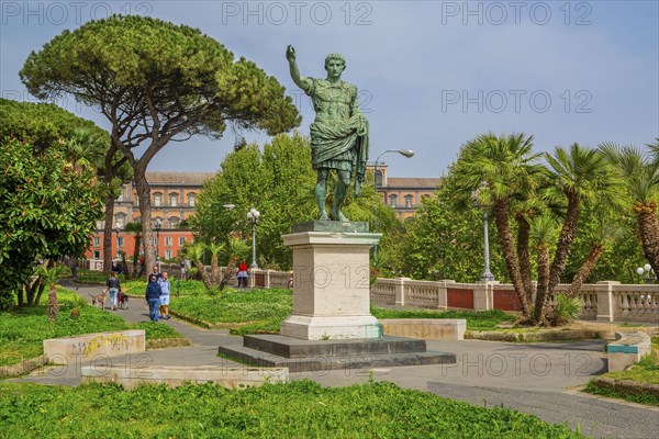 Park with statue of the Roman Emperor Augustus, Naples, Gulf of Naples, Campania, Italy, Europe