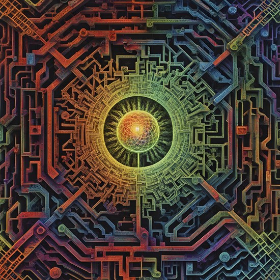 Abstract painting of chemical structure of thc and cbd interlocking geometric shapes, AI generated