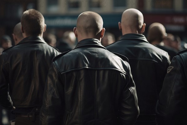 Back view of neo nazis with bald shaved heads and leather jackets at protest. KI generiert,