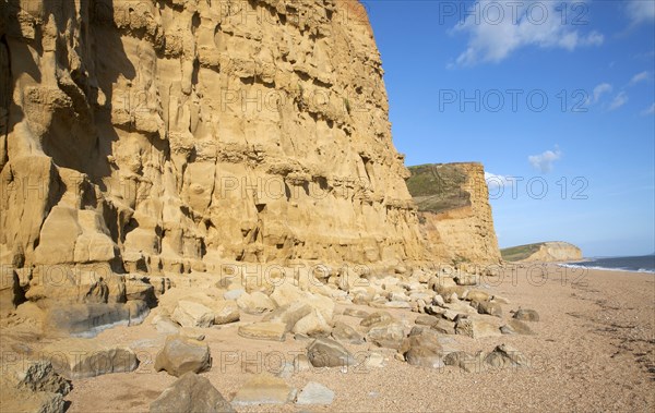 Sandstone cliffs and beach West Bay, Bridport, Dorset, England, UK