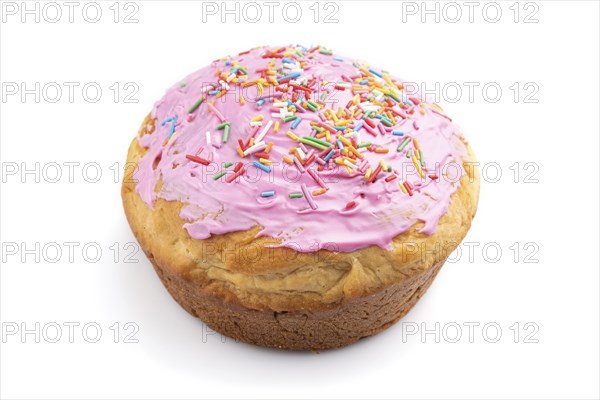 Homemade glazed and decorated pink easter pie isolated on a white background. Side view, close up
