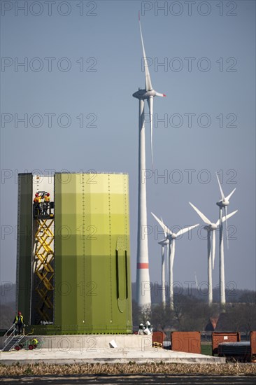 Construction of a wind turbine, Enercon steel pillar, near Kerken, Kleve district, Lower Rhine,